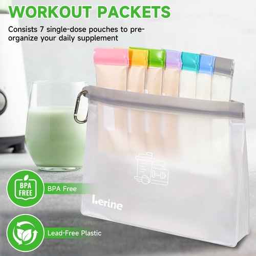 Protein Powder Travel Container Set, Reusable Protein Powder Container To Go, 21Pcs Single Dose Bags & 3Pcs Large Zip Bags, Portable Supplement Storage Containers with Funnel, Spoon