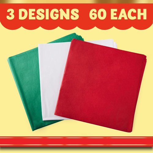 JOYIN Christmas Tissue Paper Assortment - 180 Sheets (20" x 20") in Red, Green & White for Easy Gift Wrapping