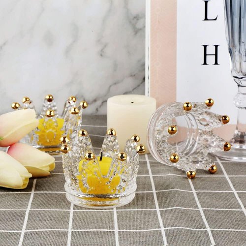 Crown Glass Tealight Candle Holders - Set of 6 Elegant Votive Holders for Weddings & Home Decor | Gold Finish