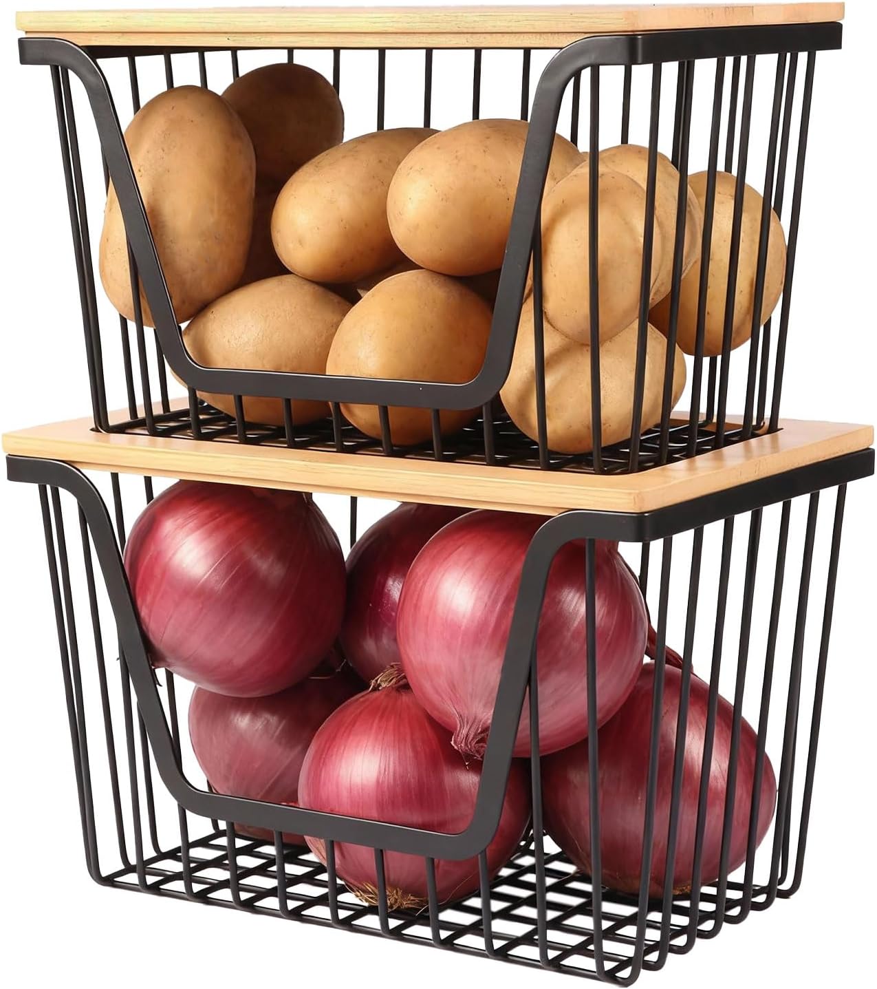 Skiennix Onion & Potato Storage Bins - Stackable Wire Organizers for Pantry | Large Capacity Baskets