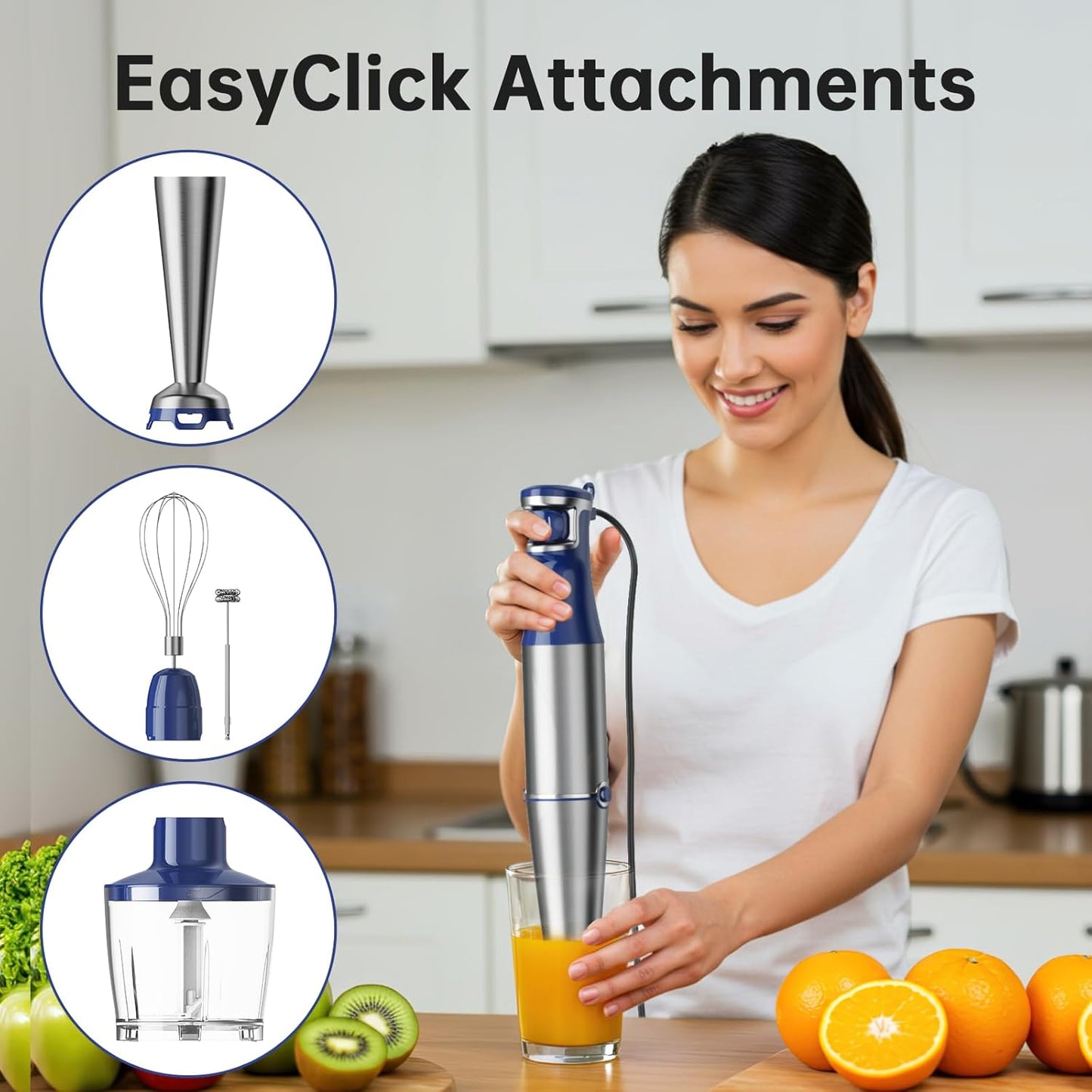 Skiennix Immersion Blender - 1100W Handheld Stick Mixer with Variable Speed, Chopper & Whisk - Navy Blue