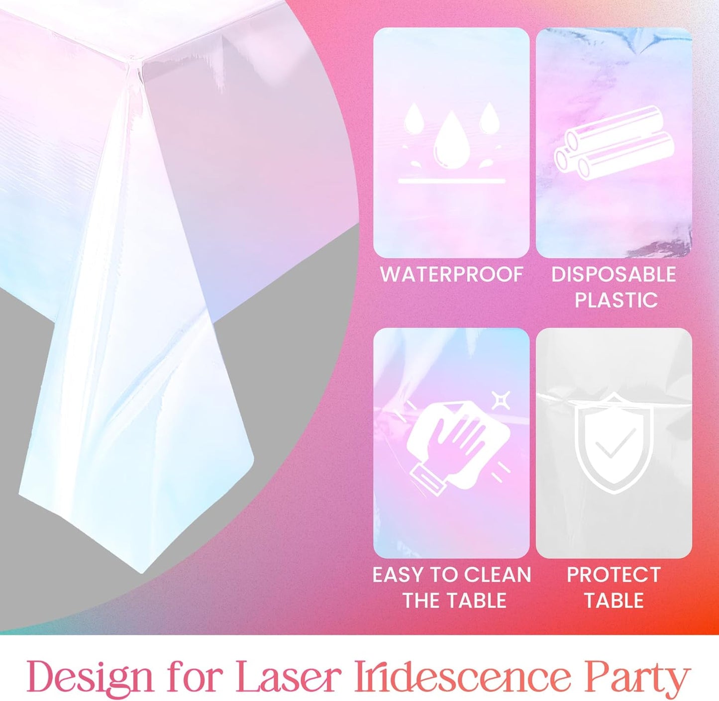 Shiny Laser Tablecloths | 4-Piece White Iridescence Set - 40 x 108” Disposable Holographic Covers for Weddings & Parties