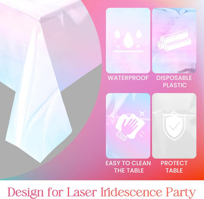 Shiny Laser Tablecloths | 4-Piece White Iridescence Set - 40 x 108” Disposable Holographic Covers for Weddings & Parties