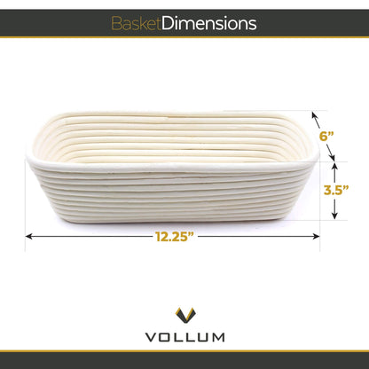 Vollum Bread Proofing Basket Banneton Baking Supplies, Handwoven Rattan Cane Bread Maker with Linen for Artisan Breads, 12.25 x 6 x 3.5 Inch, 2-Lb Rectangular Brotform Natural