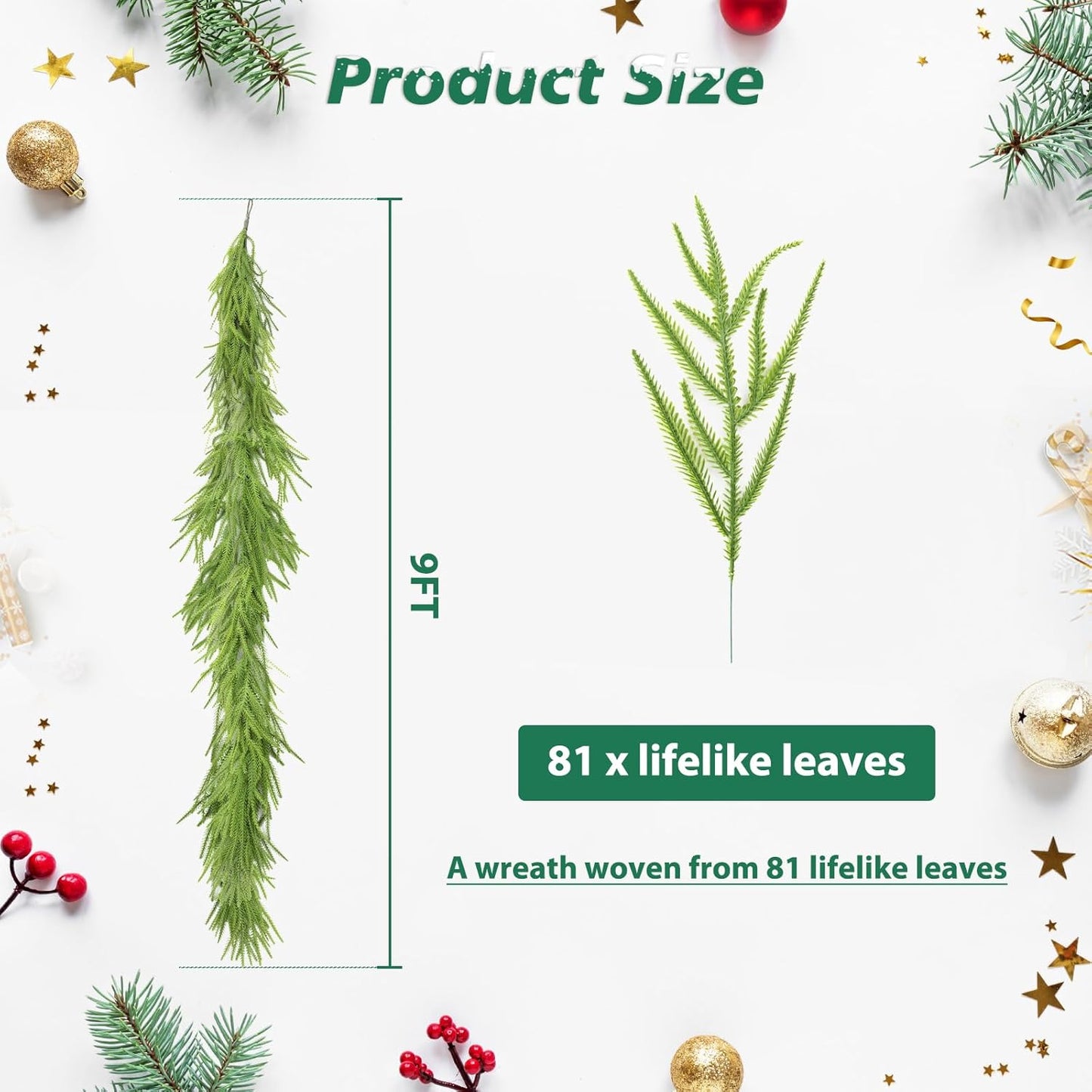 Norfolk Pine Garland - 9 Ft Realistic Faux Pine for Christmas Decor | Perfect for Mantle & Table