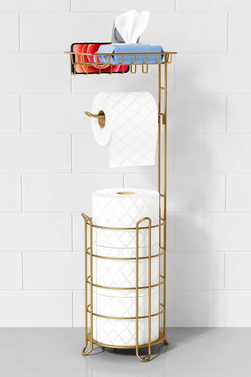 Goozii Gold Free Standing Toilet Paper Holder - Metal Tissue Stand with Phone Shelf & Wipes Tray