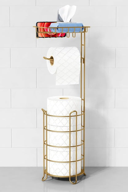 Goozii Gold Free Standing Toilet Paper Holder - Metal Tissue Stand with Phone Shelf & Wipes Tray