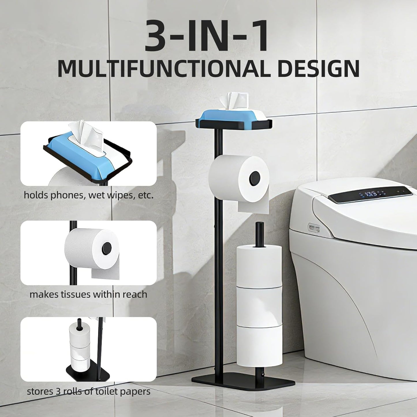 Regine Switzerland Free Standing Toilet Paper Holder - Rustproof Metal with Anti-Slip Base & Top Shelf, Black