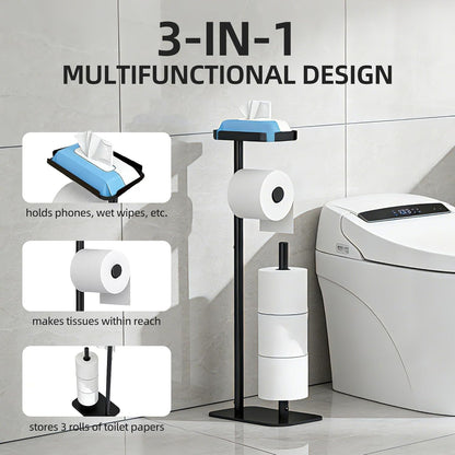 Regine Switzerland Free Standing Toilet Paper Holder - Rustproof Metal with Anti-Slip Base & Top Shelf, Black