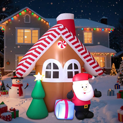 7 Ft Christmas Inflatable Candy House with Santa, Tree & Gift Box – Built-in LED Lights