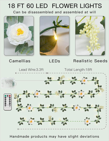 Suddus Flower Garland - 60 LED White Camellia Fairy Lights | Battery Operated with Remote for Indoor Decor