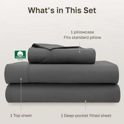 California Design Den Twin XL Sheet Set - 100% Soft Cotton, 400 Thread Count, Silky Smooth - Grey