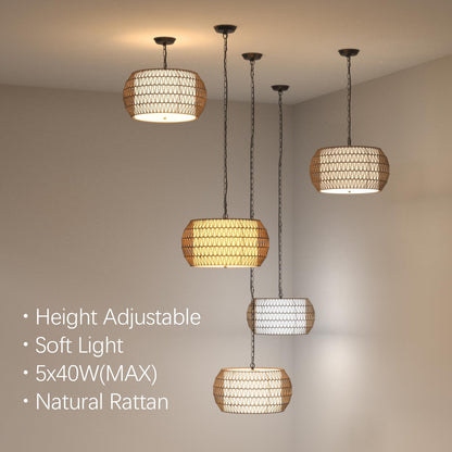 FIMEI Rattan Farmhouse Chandelier Light Fixtures, 5-Lights 18.9'' Large Boho Pendant Light, Rustic Chandeliers Adjustable Height,Woven Chandeliers for Dining Room,Kitchen Island,Bedroom,Living Room