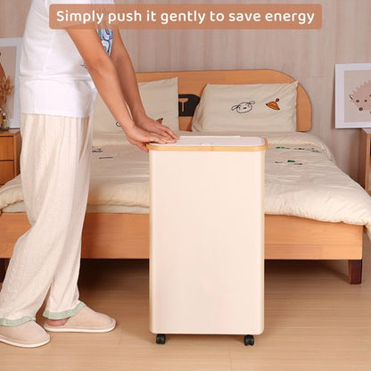 Merkisa Slim Laundry Basket with Wheels,Narrow Hampers for Laundry,Freestanding Laundry Hamper with Lid&Bamboo Handles,Collapsible & Waterproof Tall Cloth Hamper for Dorm Family(60L Beige)