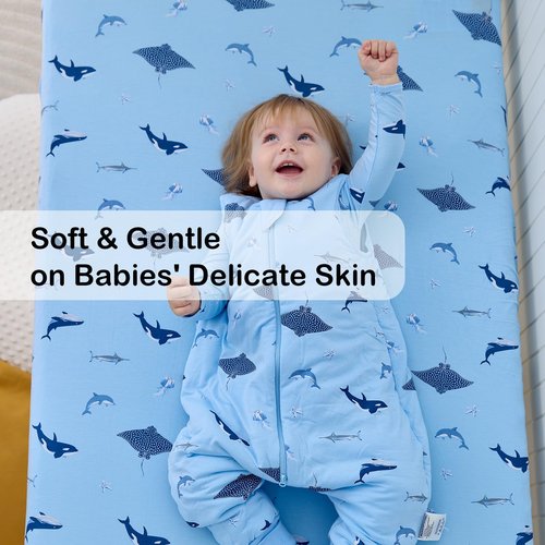 BubblePanda Rayon Made from Bamboo Crib Sheets for Baby Boys Girls Neutral Soft Stretchy Fitted Crib Mattress Sheet Standard 52" x 28" (Shark)