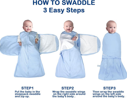 Skiennix Baby Sleep Sack Swaddle - 3-Way Adjustable 100% Organic Cotton | 2 Pack for 3-6 Months (Blue & Grey)