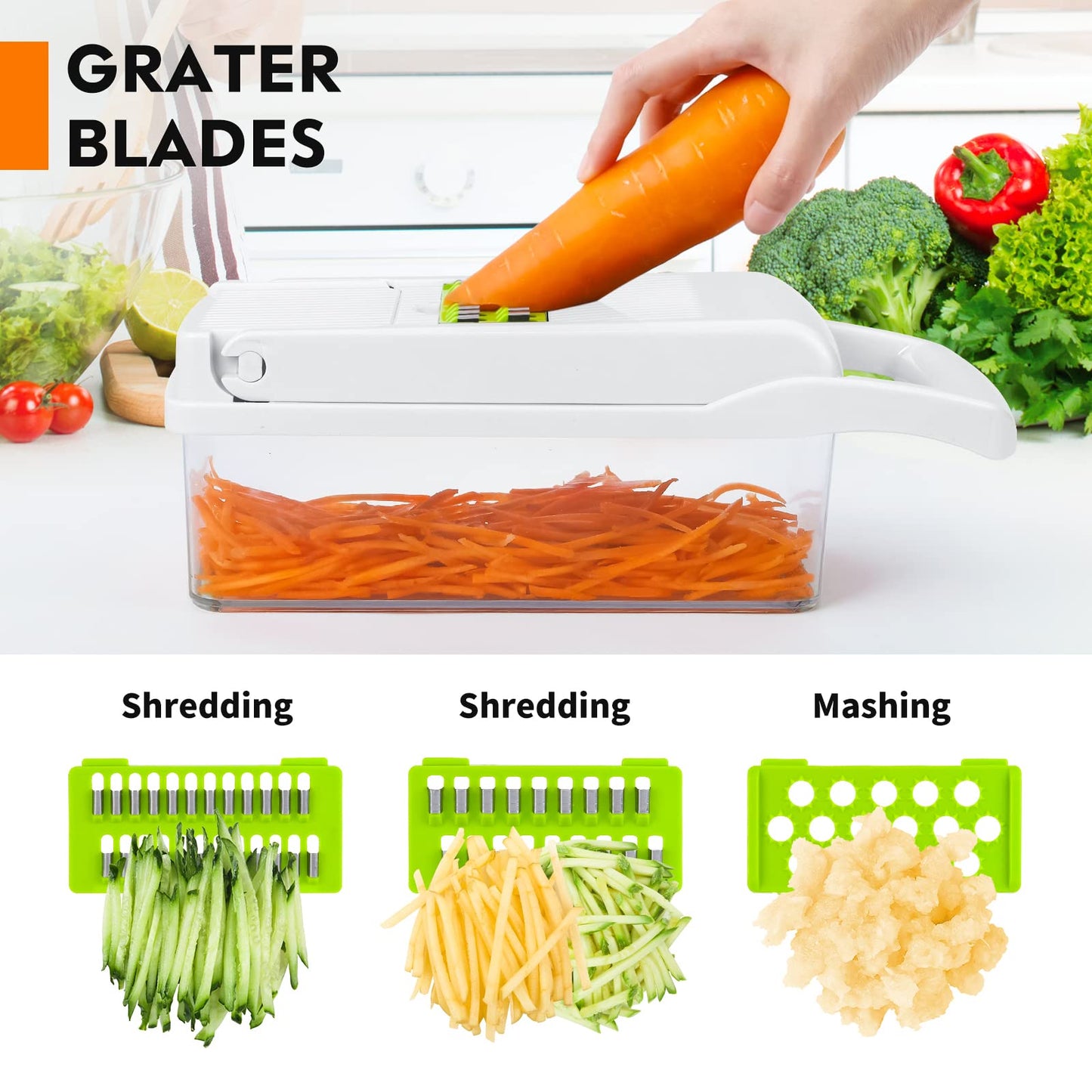 Vegetable Chopper, Pro Onion Chopper, 14 in 1Multifunctional Food Chopper, Vegetable Slicer Dicer Cutter,Veggie Chopper With 8 Blades,Carrot and Garlic Chopper With Container，Colander Basket (White)