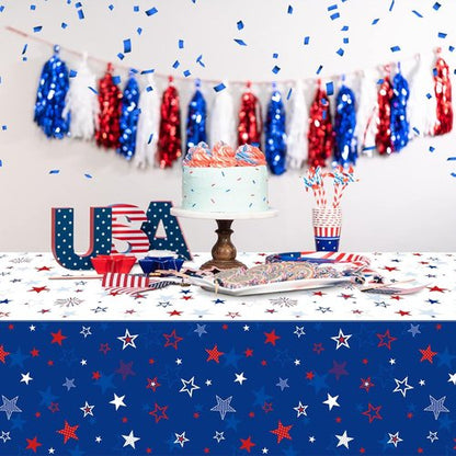 Jectivs Patriotic Tablecloths - 3 Pack Independence Day Decor | 54 x 108 Inch Plastic Covers with Stars & Fireworks