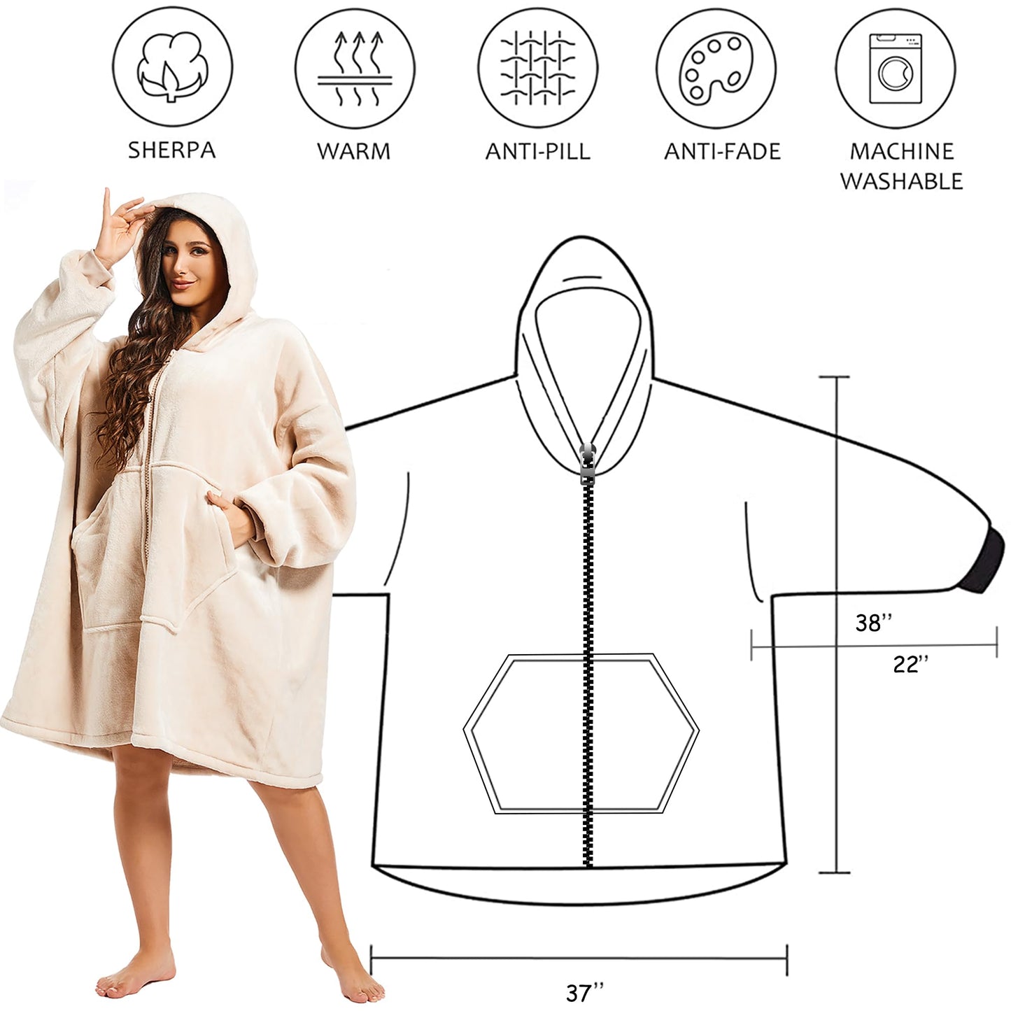 NIMOJIRO Wearable Blanket，Winter Oversized Zip-up Blanket Hoodie With Huge Pockets, Comfortable, Soft And Fluffy, Suitable for Adult Women, Men…