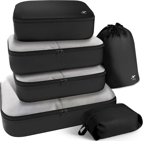 HOTOR Packing Cubes - 6 Premium Travel Organizer Bags for Space-Saving Luggage, Black