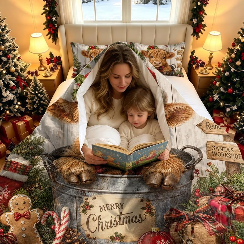 Queen Highland Cow Christmas Comforter Set Kids Bedding with Santa Hat & Holiday Design - 3 Piece