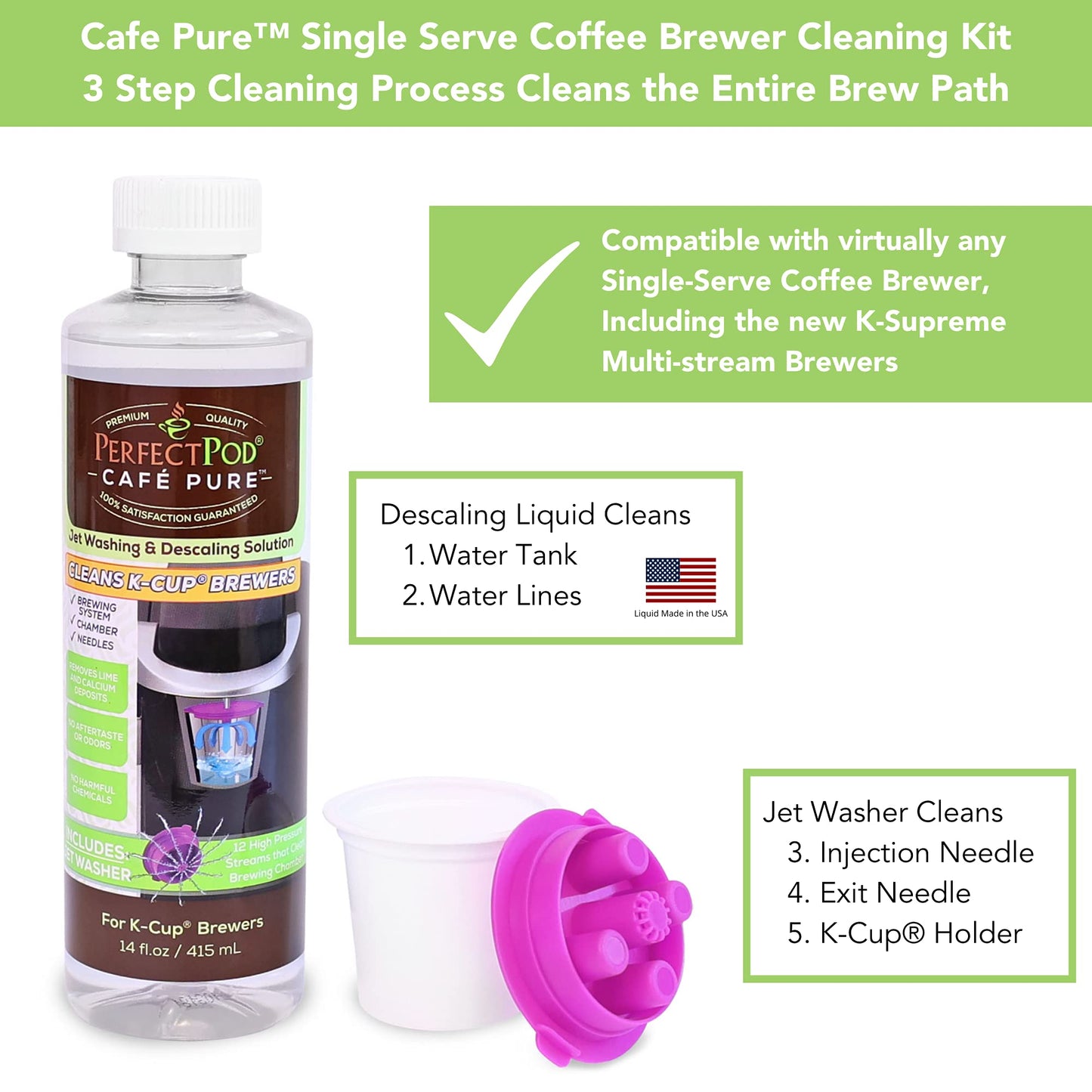 PERFECT POD Cafe Pure Descaling Solution Cleaning Kit with Jet Washer - Compatible with Keurig Coffee Makers, 14 Fl Oz Bottle