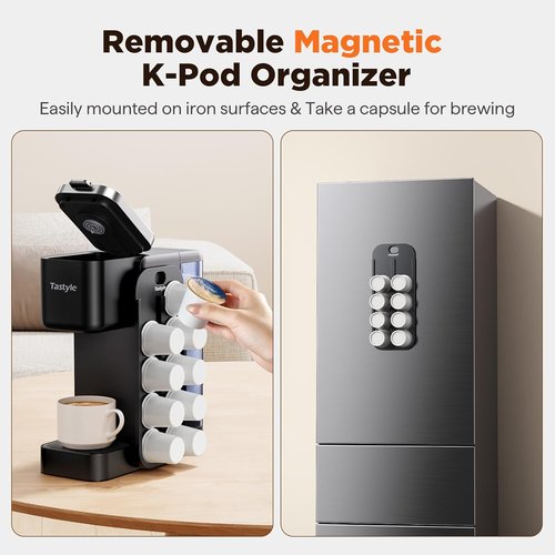 Hot & Iced Coffee Maker - Magnetic K-Pod Organizer, 40oz Removable Tank, Brews 4-5 Cups, Black