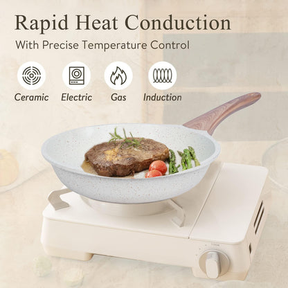 Ucclife 10pcs Pots and Pans Set Nonstick, Granite Frying Pans Induction Kitchen Cookware Sets, with Wood Print Handles Frying Pans, Saucepans, Steamer Shovel Spoon, Beige