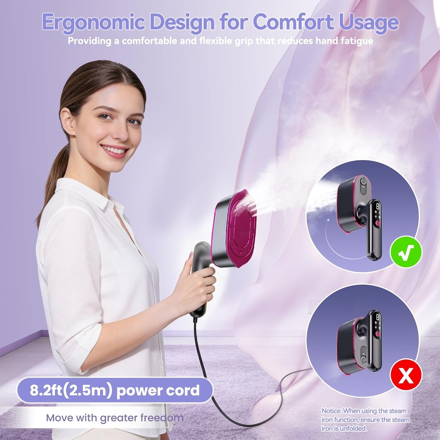 Skiennix Portable Handheld Travel Steamer - 2-in-1 Iron & Steamer with LCD Display, 1200W Fast Heat-Up, 180ml Tank