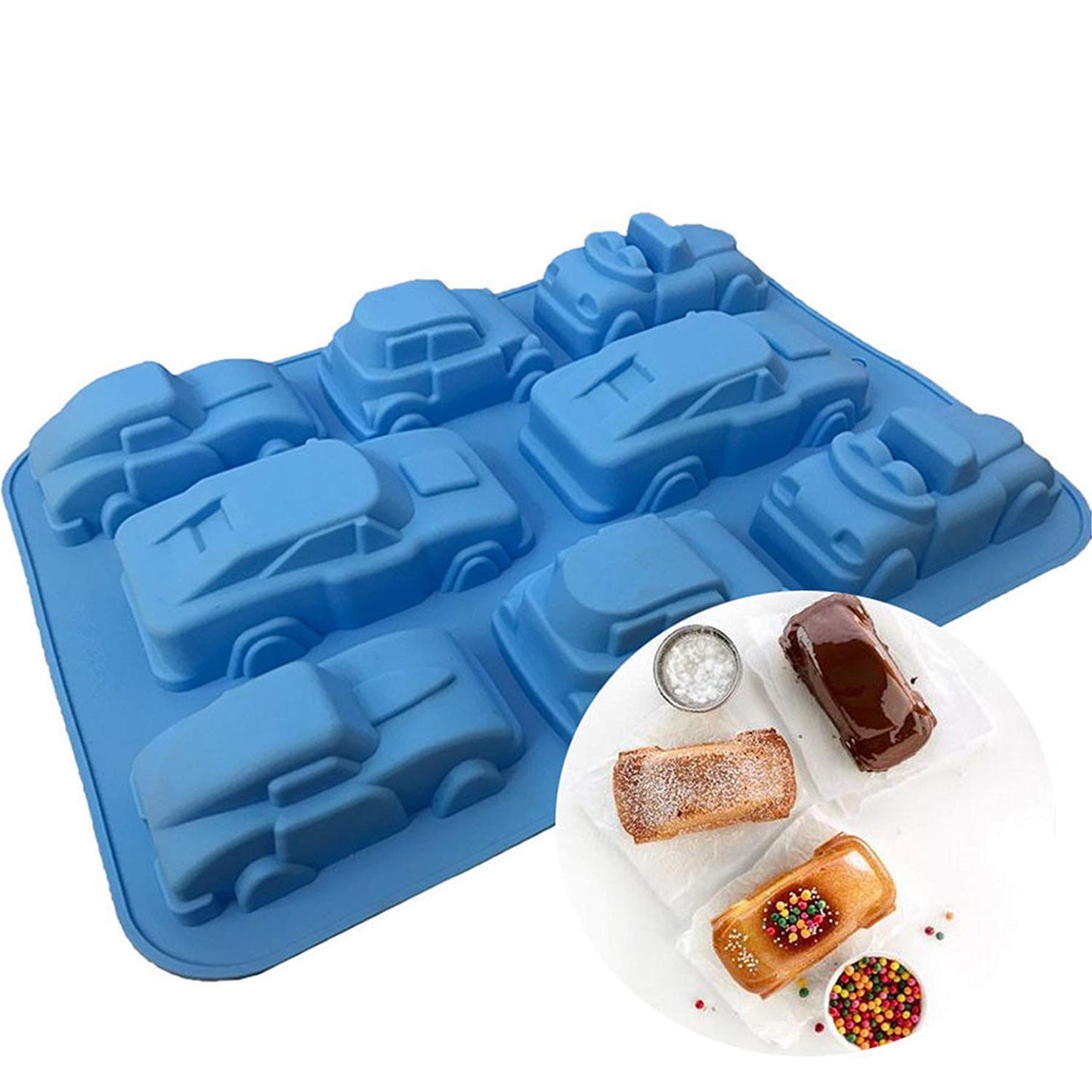 Joyeee Silicone Sports Car Soap Mold, 1Pcs 8 Cavity Train Bus Cars Pure Silicone Mold Tray, Kids Birthday Cake Pan Tray for Jelly Pudding Fondant Hard Candy Fat Bombs Resin, Making Kids Favor, 32.5 CM