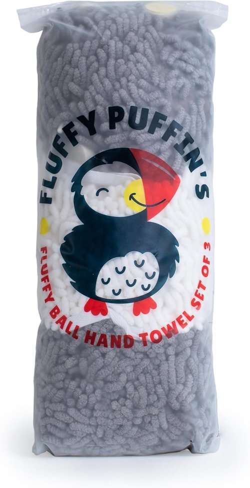 JJ KENT Fluffy Puffins Microfiber Hand Towels - Set of 3 Soft Towels with Wall Hook for Easy Drying