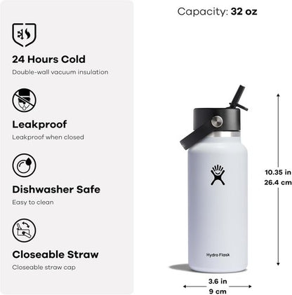 Hydro Flask Water Bottle - Insulated Stainless Steel - 32 Oz Wide Mouth with Flex Straw Lid | Holiday Punch Color