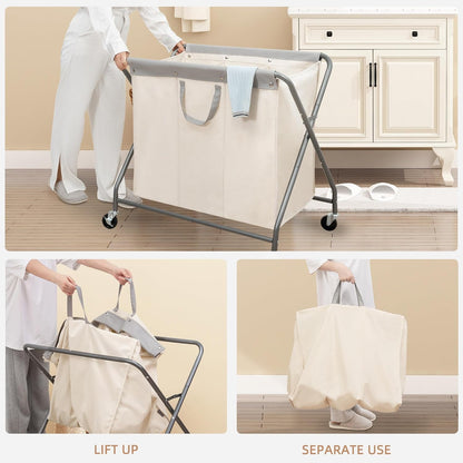 Storage Maniac 160L Collapsible Laundry Hamper - Heavy-Duty Rolling Basket with Removable Bag | 3-Section Organizer