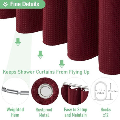 Dynamene Long Fabric Shower Curtain - 78 inch Long Waffle Weave Weighted Cloth Shower Curtains for Bathroom, Neutral Heavy Duty Hotel Spa Luxury Bath Curtain Set with 12 Plastic Hooks,72x78, Burgundy
