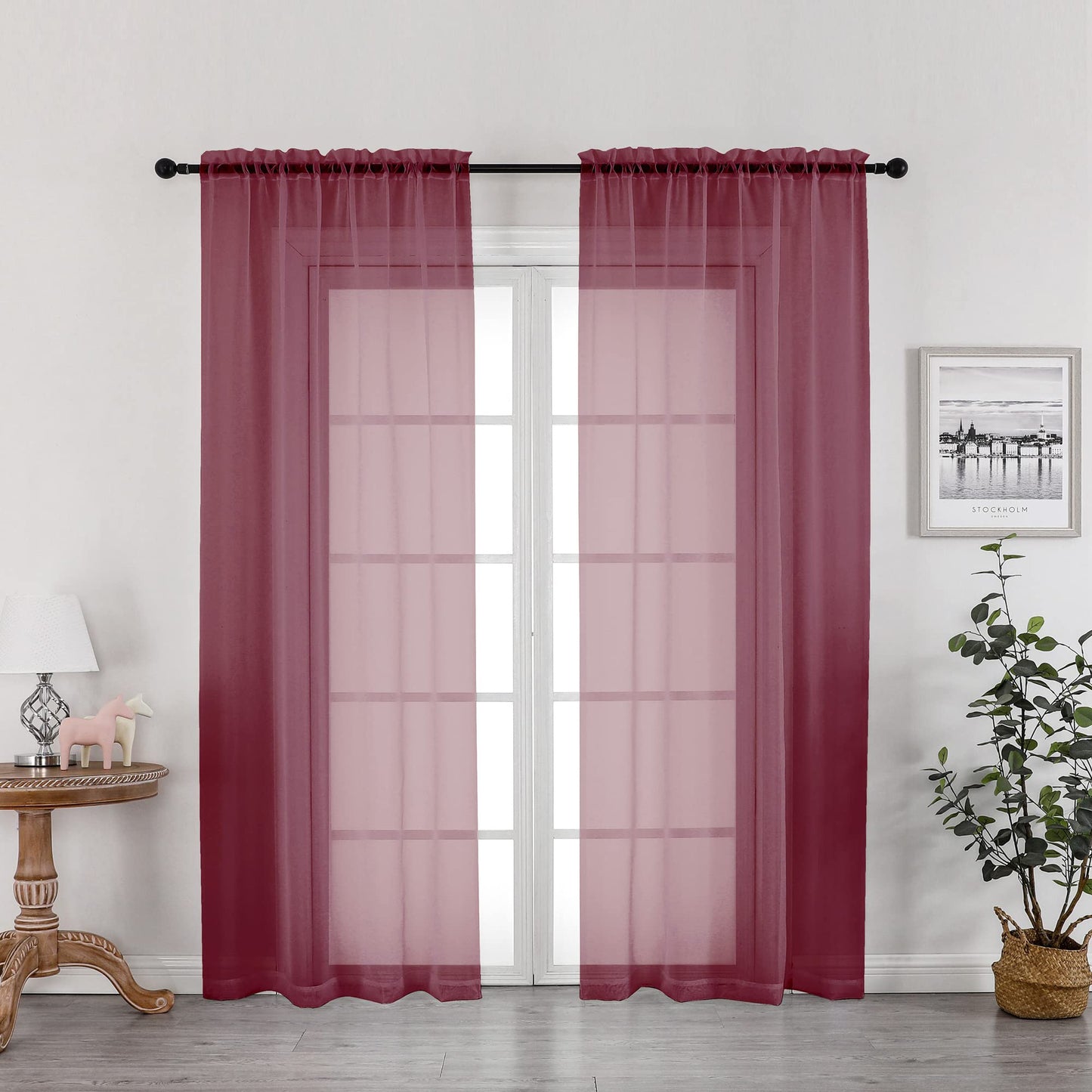 OWENIE Burgundy Red Sheer Curtains 72 Inches Long 2 Panels Set, Transparent Voile Sheer Curtain Rod Pocket Gauze Drapes for Living Room Bedroom Window Sliding Glass Door Treatment, Each 42 x 72 Inch