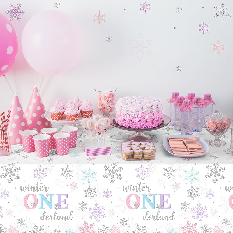 6Pcs Winter Onederland Tablecloths 54x108 in - Snowflake Disposable Party Covers (Purple Pink Blue) 6 Pack