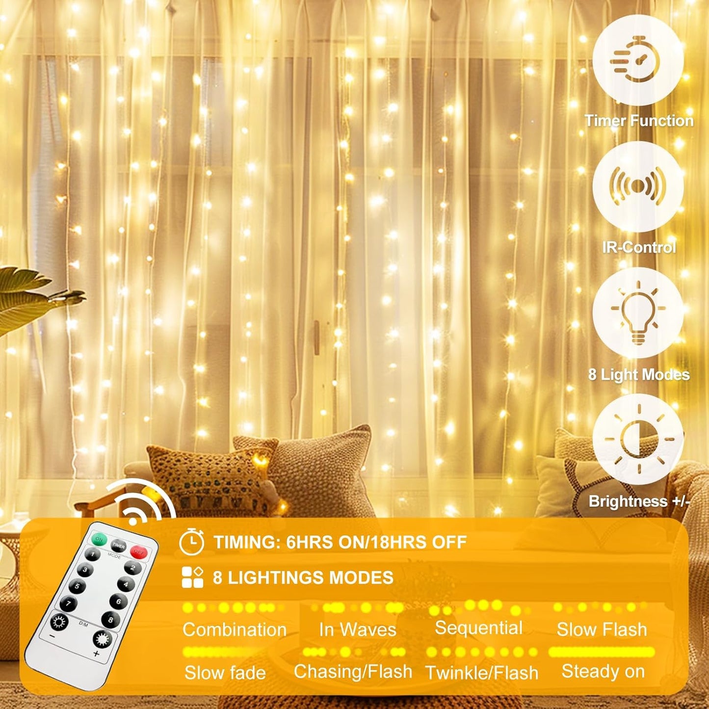 Skiennix 200 LED Fairy Curtain Lights - 6.6 x 6.6 FT Warm White USB Plug with Remote | 8 Modes for Christmas & Events