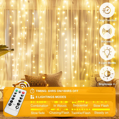 Skiennix 200 LED Fairy Curtain Lights - 6.6 x 6.6 FT Warm White USB Plug with Remote | 8 Modes for Christmas & Events