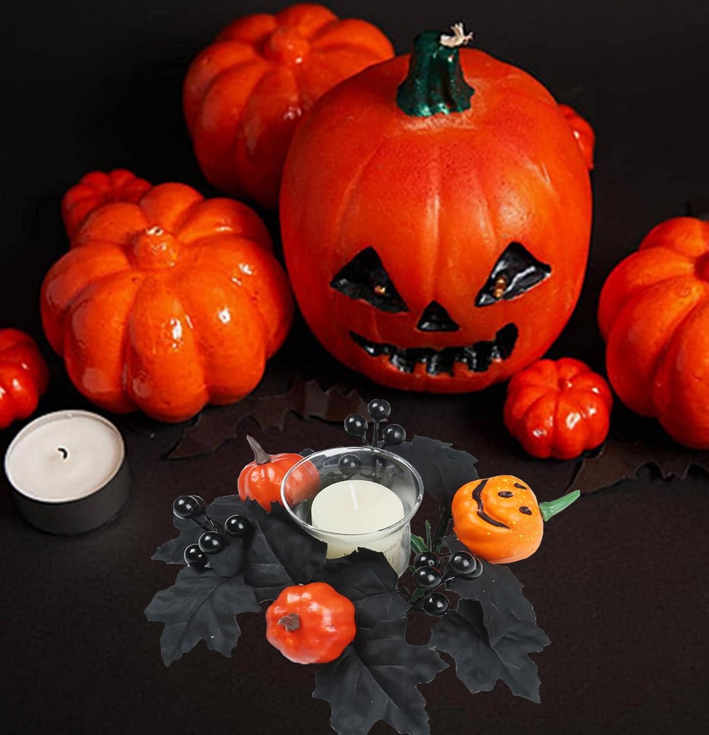 Skiennix Halloween Candle Rings - Black Artificial Maple Leaf & Pumpkin Holders | 2-Piece Set for Festive Decor