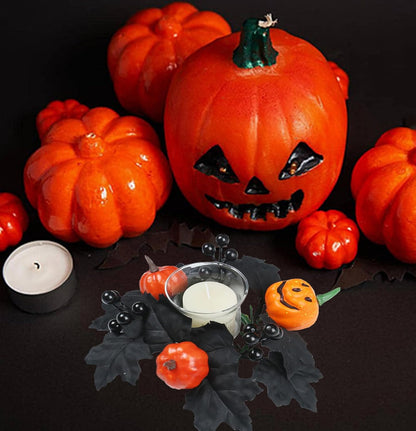 Skiennix Halloween Candle Rings - Black Artificial Maple Leaf & Pumpkin Holders | 2-Piece Set for Festive Decor