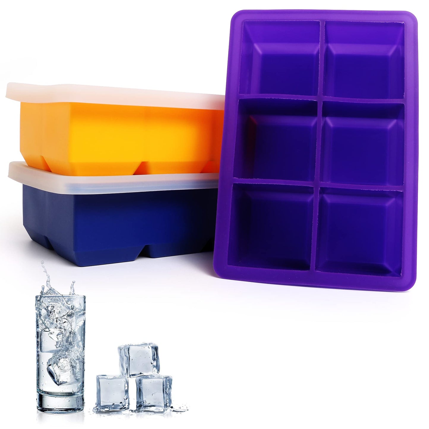 Excnorm Ice Cube Trays 3 Pack - Large Size Silicone Ice Cube Molds with Removable Lids Reusable and BPA Free for Whiskey, Cocktail, Stackable Flexible Ice