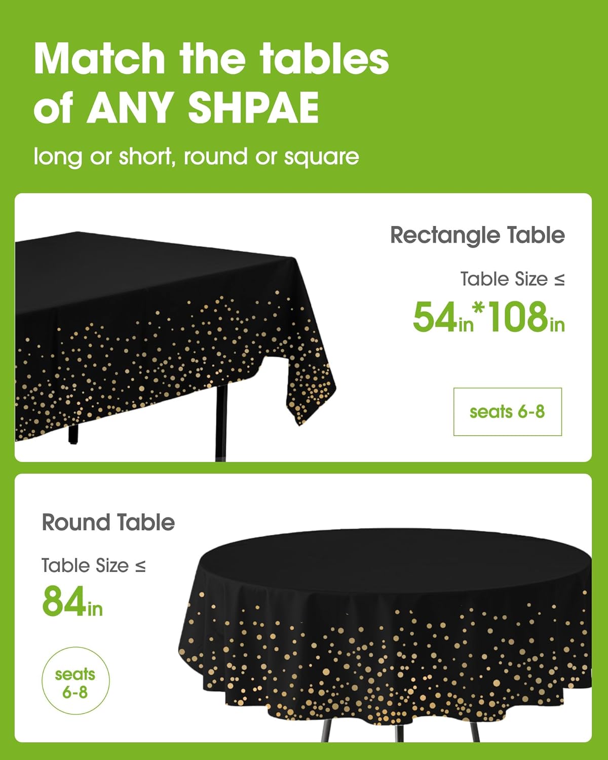 Pureegg Disposable Plastic Tablecloths - 54 x 108 Inch, Leakproof & Sturdy, Black and Gold | 8 Pack for Graduation Celebrations