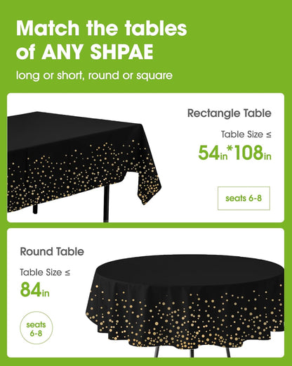 Pureegg Disposable Plastic Tablecloths - 54 x 108 Inch, Leakproof & Sturdy, Black and Gold | 8 Pack for Graduation Celebrations