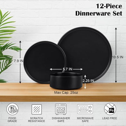 E-far Stoneware Dinnerware Set - 12-Piece Modern Plates & Bowls for 4 | Chip & Scratch Resistant, Matte Black