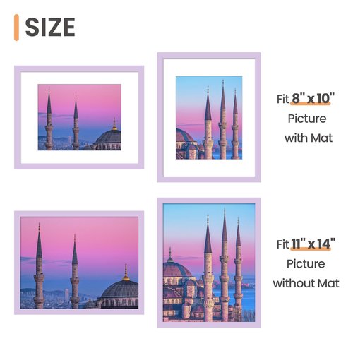 upsimples 11x14 Picture Frame, Display Pictures 8x10 with Mat or 11 x 14 Without, Wall Hanging Photo Frames, Purple, 1 Pack