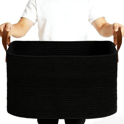 BOLDMONKEY 72L Laundry Basket with Leather Handles,Woven Cotton Rope Blanket Basket,Toy Bin for Baby Room,Laundry Hampers for Bedroom, Living Room,Bathroom,22"x17"x11.8" Black