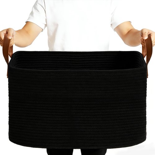 BOLDMONKEY 72L Laundry Basket with Leather Handles,Woven Cotton Rope Blanket Basket,Toy Bin for Baby Room,Laundry Hampers for Bedroom, Living Room,Bathroom,22"x17"x11.8" Black