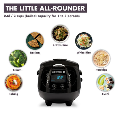 Reishunger Digital Mini Rice Cooker & Steamer, Mint with Keep-Warm Function & Timer - 3.5 Cups - Small Rice Cooker Japanese Style with Ceramic Inner Pot - 8 Programs - 1-3 People