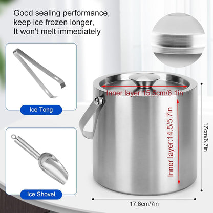 Portable Ice Buckets for Parties,3 Liter Double Wall Ice Bucket with Lid,Scoop,Tongs,Handle,Stainless Steel Ice Container to Keep Ice Frozen Longer- Ideal for Cocktail Bar,Camping,Chilling Beer/Wine
