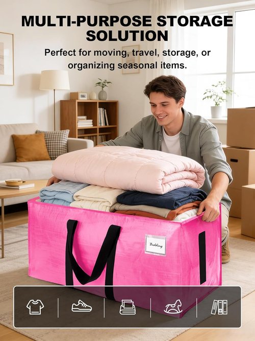 4 Pack Large Moving Bags by [Brand Name] - Water-Resistant Heavy Duty Storage Totes - Space-Saving Design (Pink)